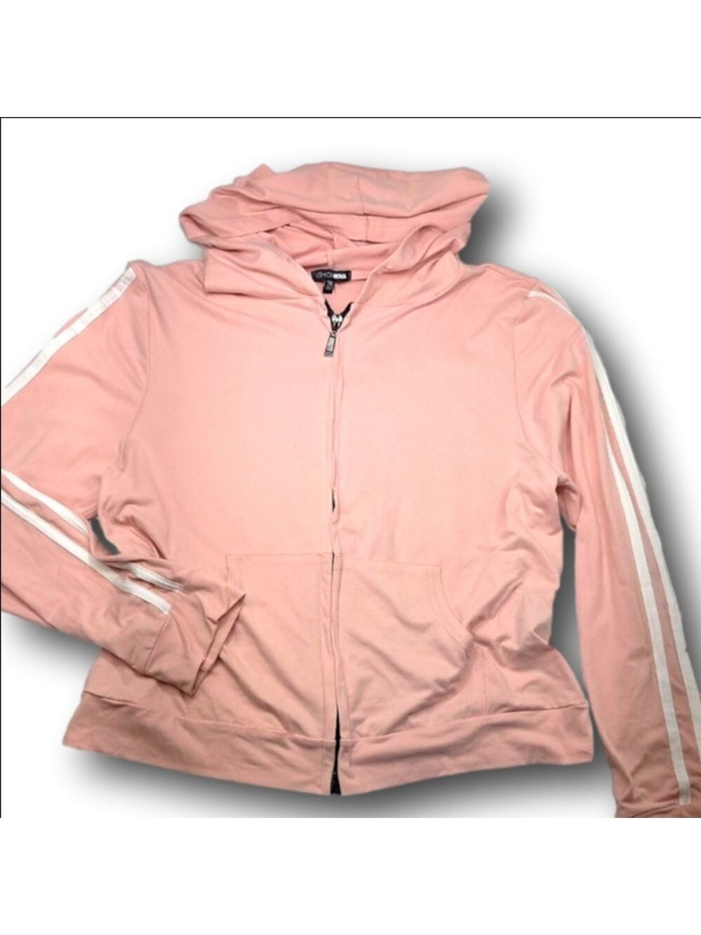 Women's Fashion Nova Pink & White Striped Zip-Up Hoodie 2X